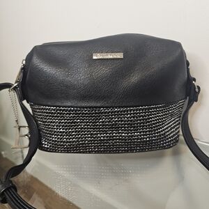 [BULAGGI] Wave Crossbody Black & Silver Rhinestone Vegan Leather w/Adj. Strap